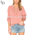 custom design v-neck sexy long sleeve lace-up women blouse